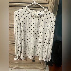 Carolina Belle, long sleeve dress shirt with black polka dots, size XL